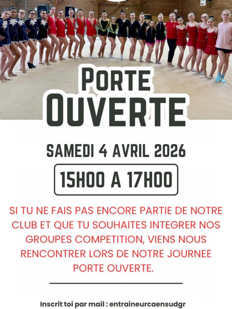 Photo du groupe de gymnastes avec le titre Porte Ouverte
samedi 4 avril 2026 de 15h à 17h